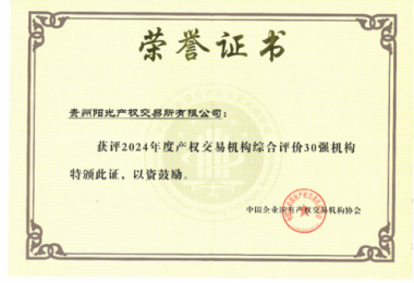 喜訊！貴州陽光產(chǎn)權(quán)交易所獲得2024年度全國產(chǎn)權(quán)交易機構(gòu)2項30強榮譽